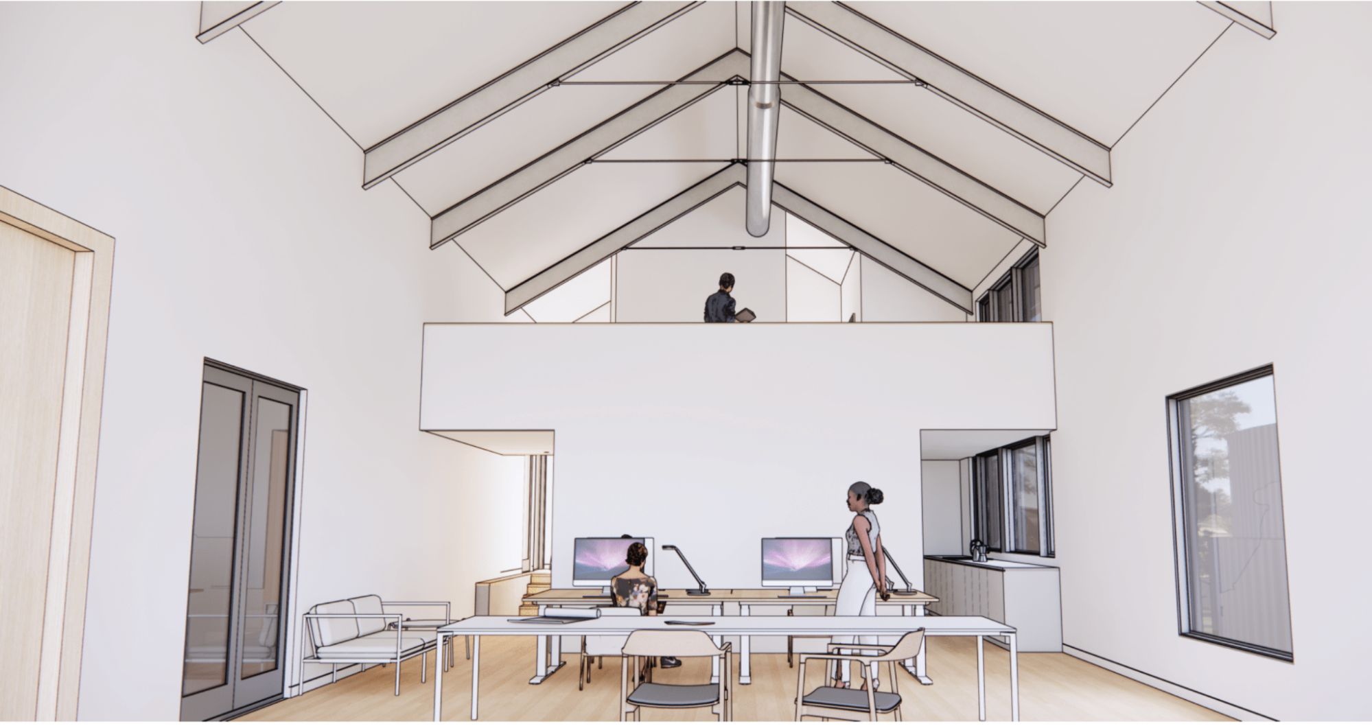 Architectural rendering of the new Laura Roberts Design live/work studio: a light-filled open-plan room with a vaulted timber-truss ceiling, a mezzanine, and long white work desks on pale wood floors.