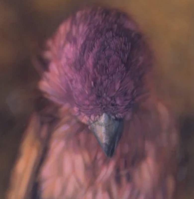 A painted bird in soft violet and umber
